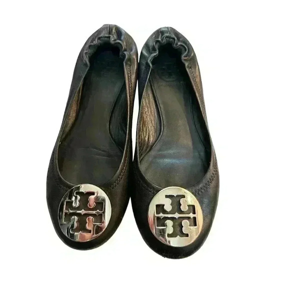- Tory Burch Reva Leather Black Ballet Flats in Size 7M, Pre-Owned Good Con - Picture 1 of 7